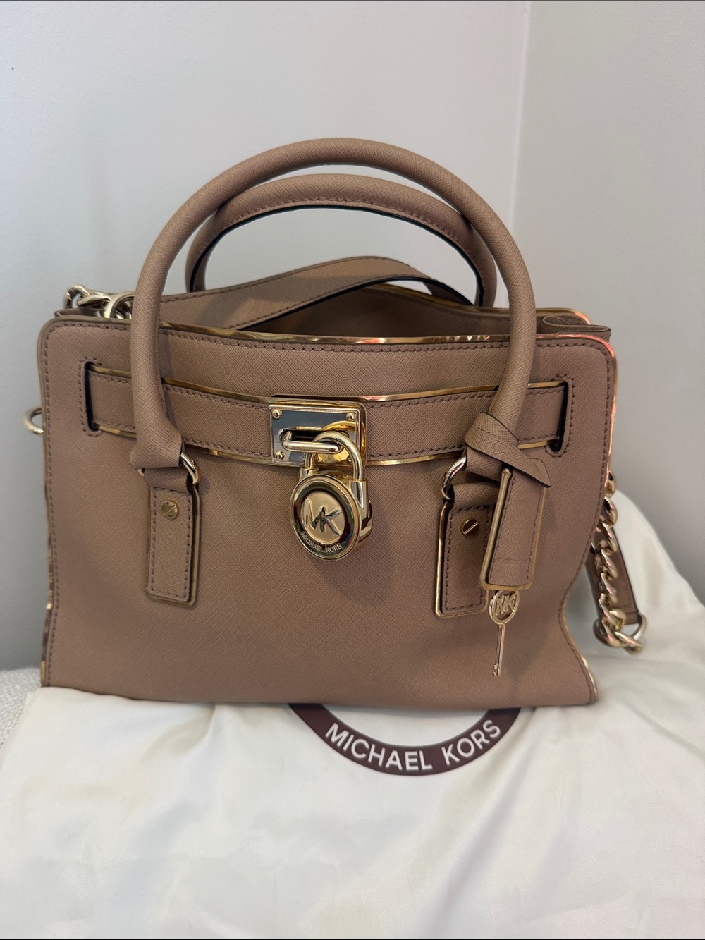 Michael Kors Hamilton “Frame Out” Satchel Taupe Saffiano Leather with Gold HW.
